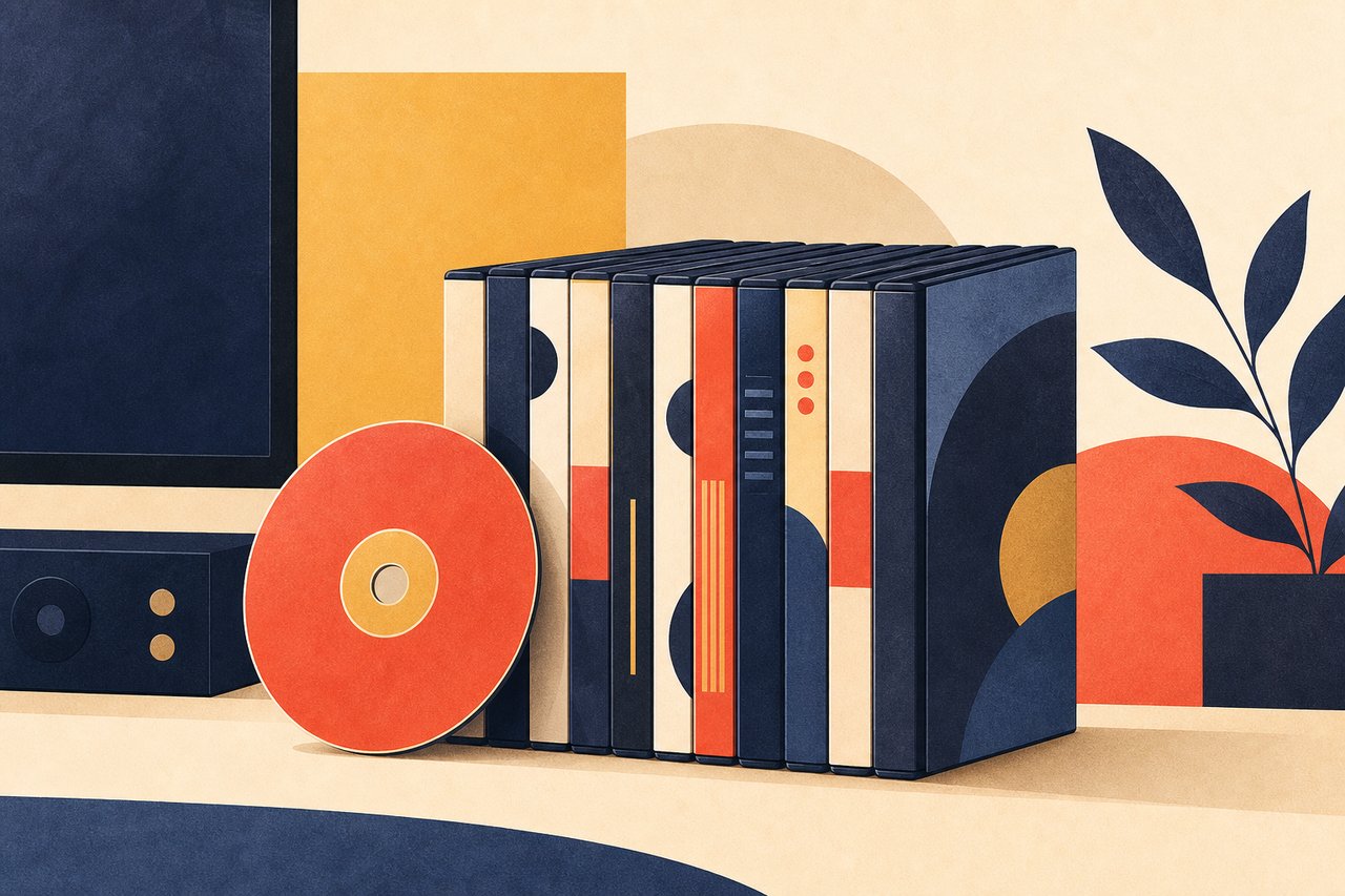 Editorial illustration — DVD: Filme, Serien-Boxsets und Sammler-Editionen — Preisaktionen rund um DVDs und das Verhältnis zu Blu-ray und Streaming.