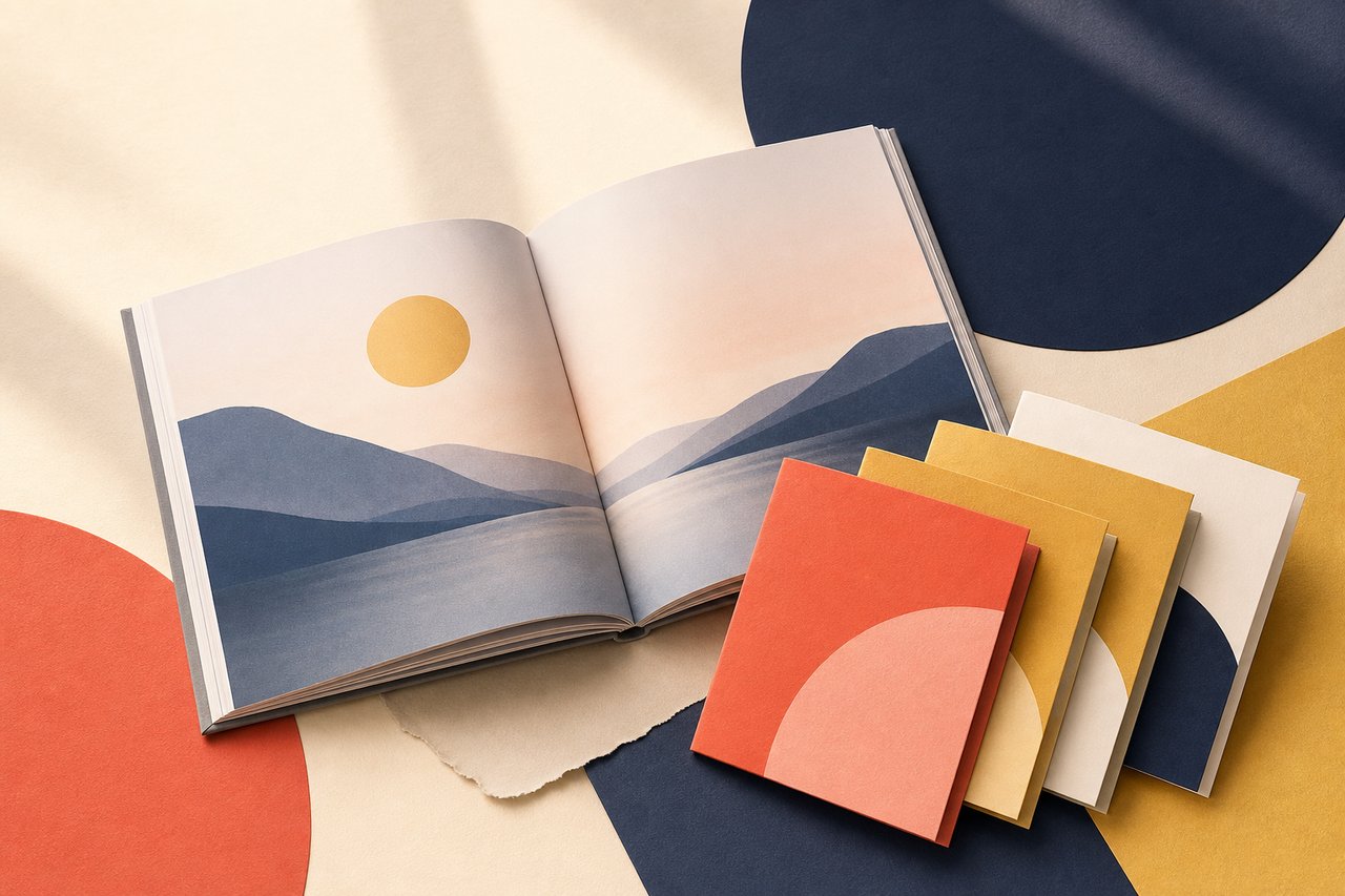 Editorial illustration — Foto & Druck: Fotobücher, Kalender, Wandbilder und Druckprodukte — saisonale Gutscheincodes und Mengenrabatte.