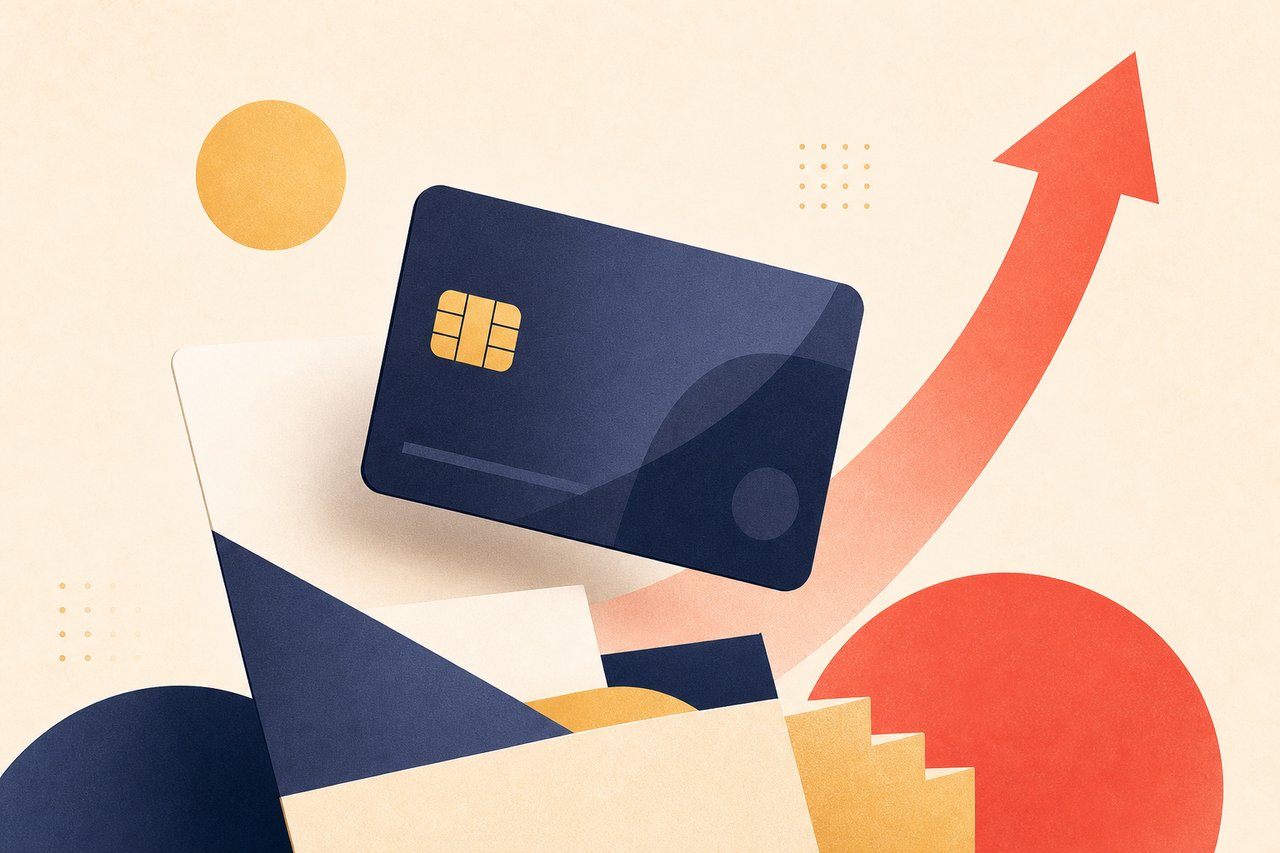 Editorial illustration — Geld & Finanzen: Girokonto-Boni, Kreditkarten-Aktionen und Wechselprämien — Vertragsstrukturen, Kostenfallen und Vergleichshinweise.