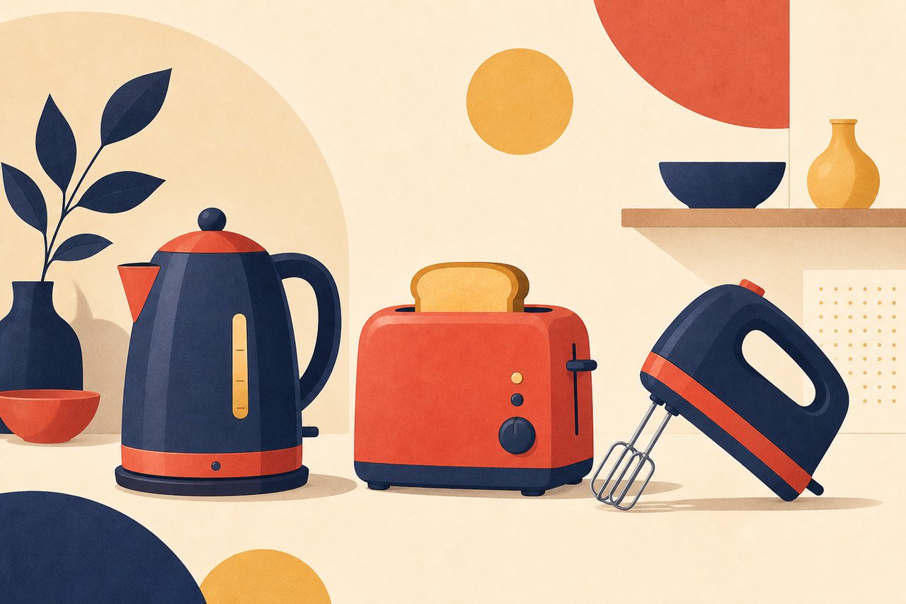 Editorial illustration — Haushalt: Küchengeräte, Kleinelektronik und Verbrauchsmaterial — vom Aktionspreis beim Discounter bis zum Online-Sale.