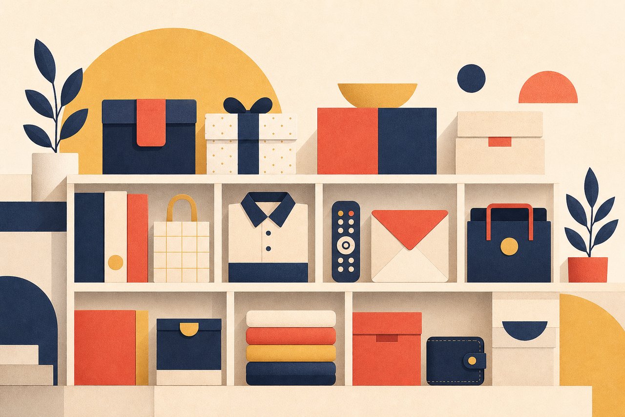 Editorial illustration showing a stylized department-store directory: shelves, wrapped boxes, folded garment, envelope and small wallet rendered as flat geometric shapes in cream, indigo, coral and gold.