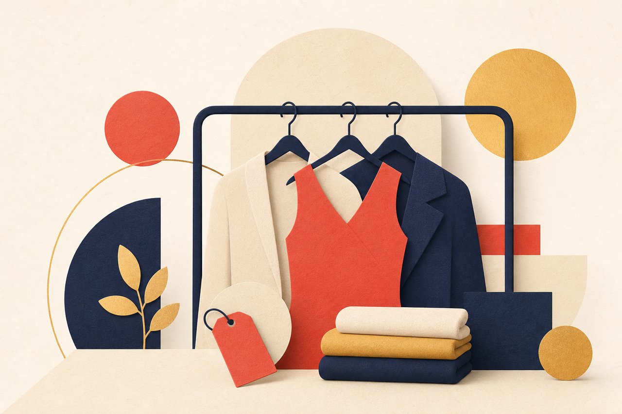 Editorial illustration — Mode & Kleidung: Rabatte auf Bekleidung, Schuhe und Accessoires — Saison-Sale, Newsletter-Gutscheine und Outlet-Aktionen.